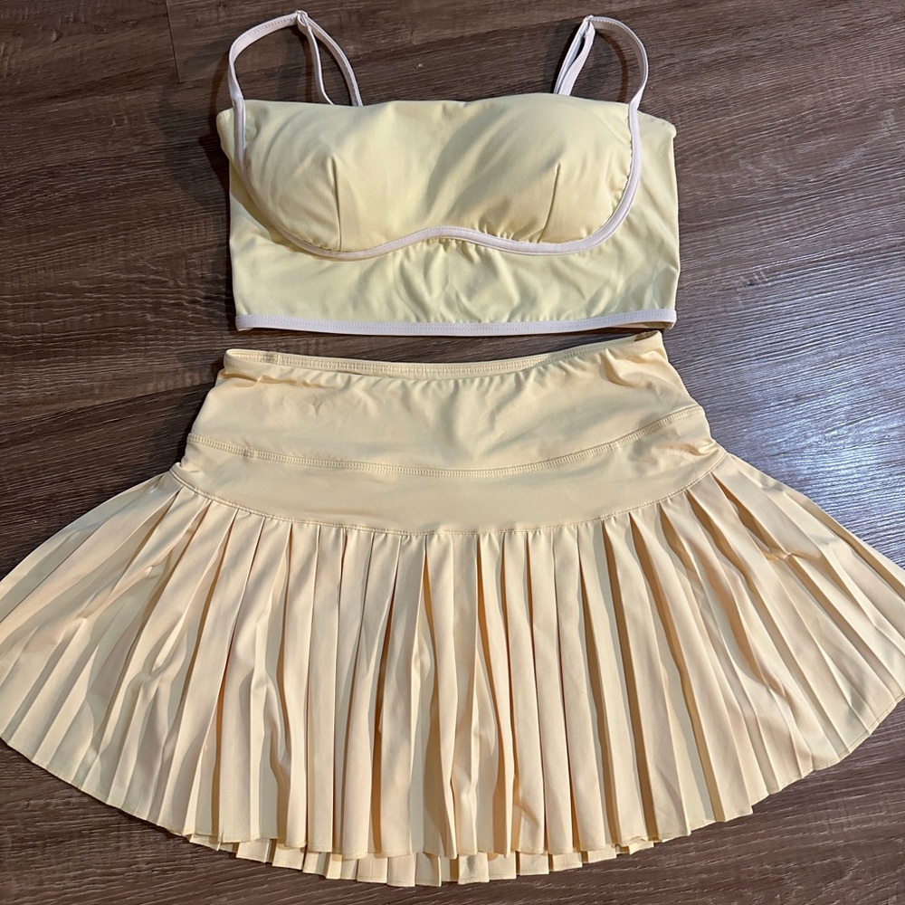 Butter Yellow Women’s Athletic Set; Crop Top and Pleated Skirt